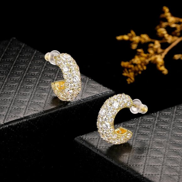 Yellow Gold C-Shape Cubic Zirconia Stud Earrings with Sparkle & Hypoallergenic F - Picture 4 of 7